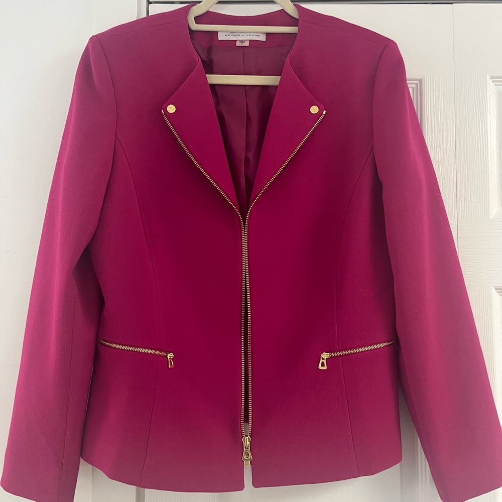 Tahari pink blazer with gold zipper and button trim